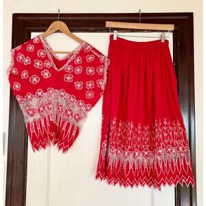 Vintage Handmade Red & White Floral Crochet Cotton Matching Set- Size Small